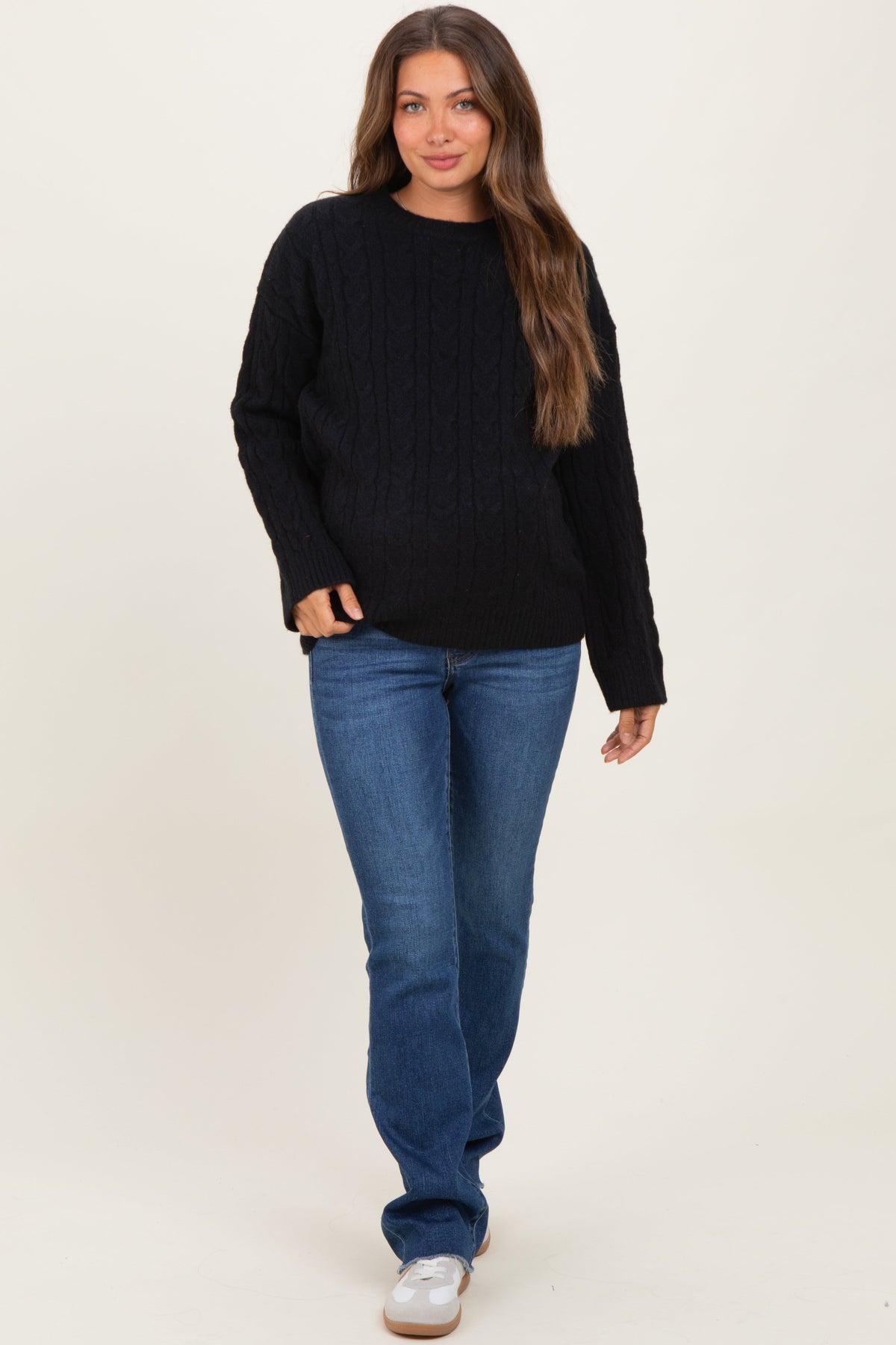 Black Braid Knit Pattern Soft Fluffy Maternity Sweater Top