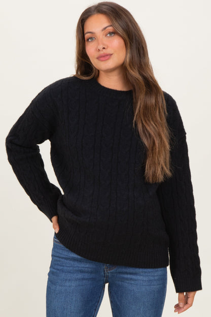 Black Braid Knit Pattern Soft Fluffy Maternity Sweater Top