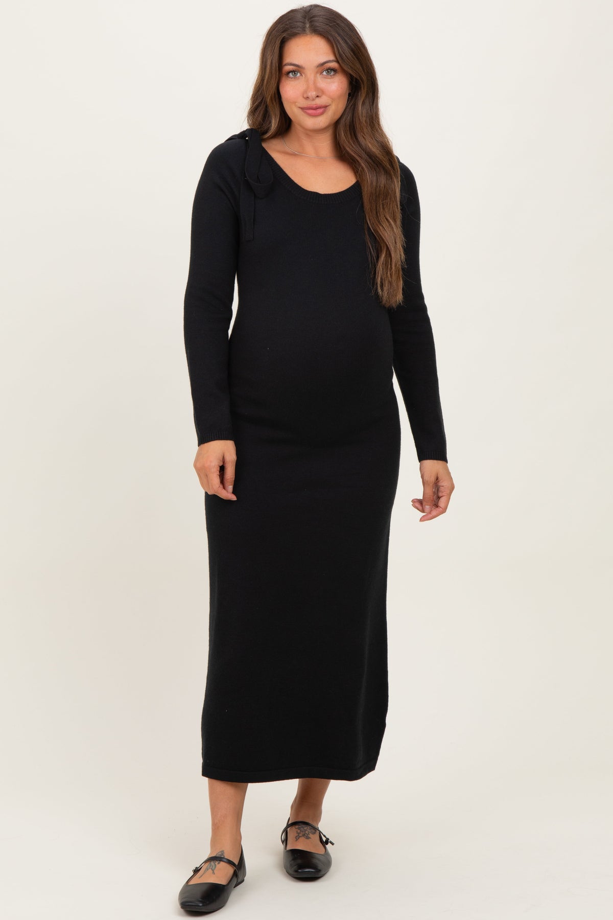 Black Bow Shoulder Knit Maternity Dress