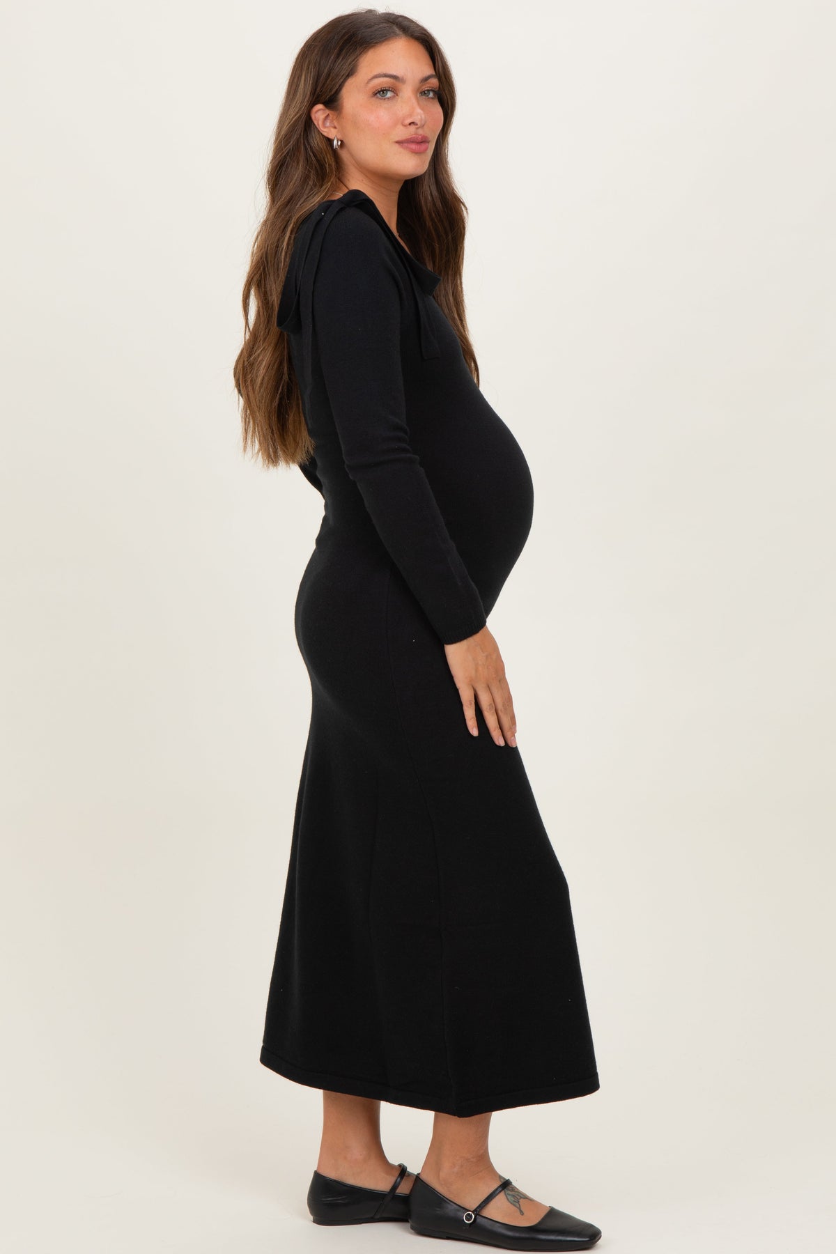 Black Bow Shoulder Knit Maternity Dress