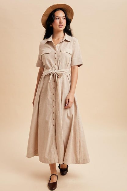 Beige Striped Cotton Button Down Maxi Dress