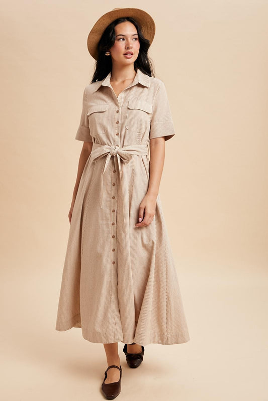 Beige Striped Cotton Button Down Maxi Dress