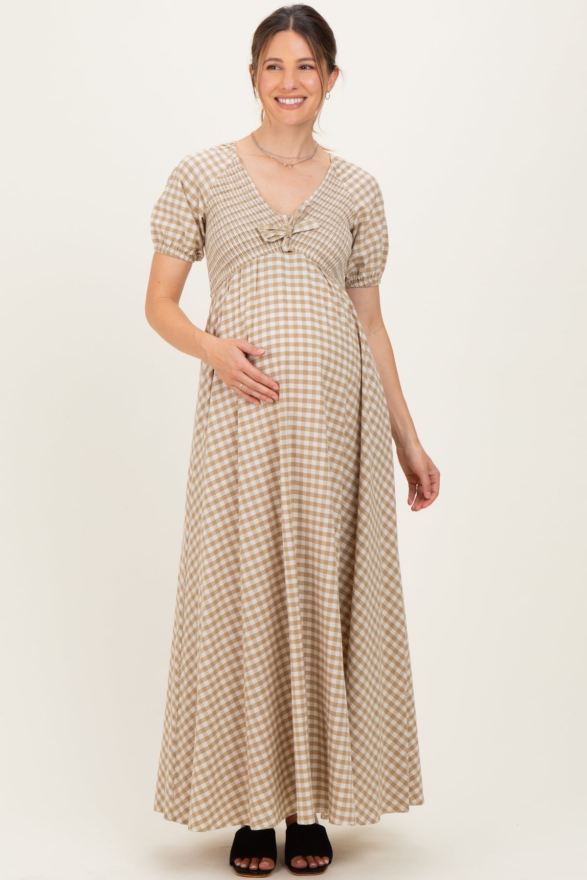 Beige Smocked Gingham Maternity Maxi Dress