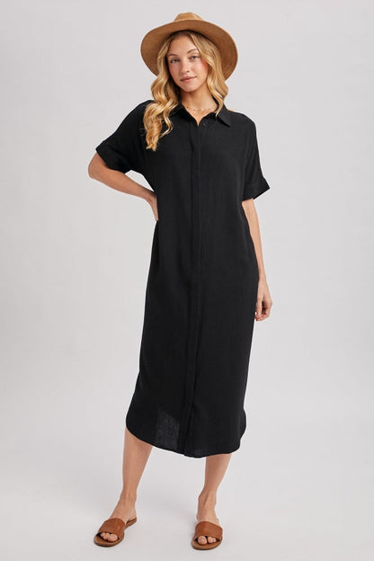 Black Button Down Midi Shirt Dress