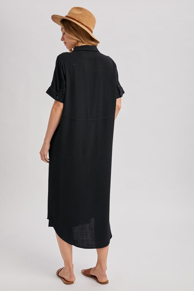 Black Button Down Midi Shirt Dress