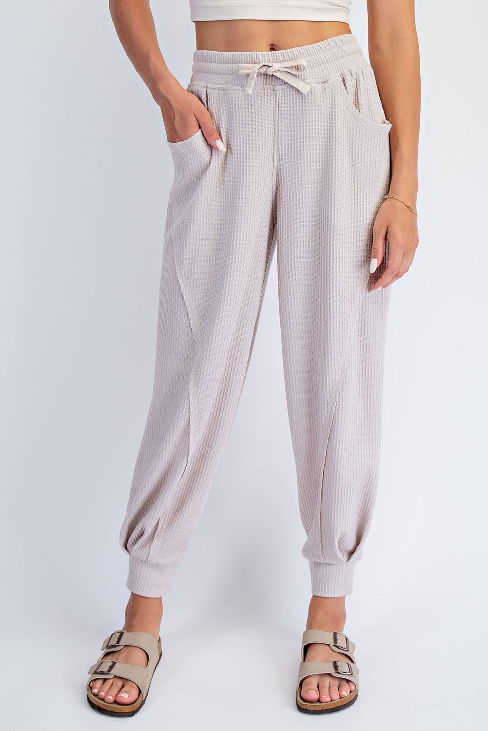 Beige Waffle Knit Raw Seam Joggers
