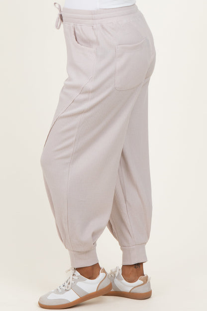 Beige Waffle Knit Raw Seam Maternity Joggers