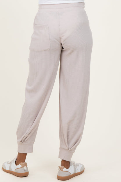 Beige Waffle Knit Raw Seam Maternity Joggers