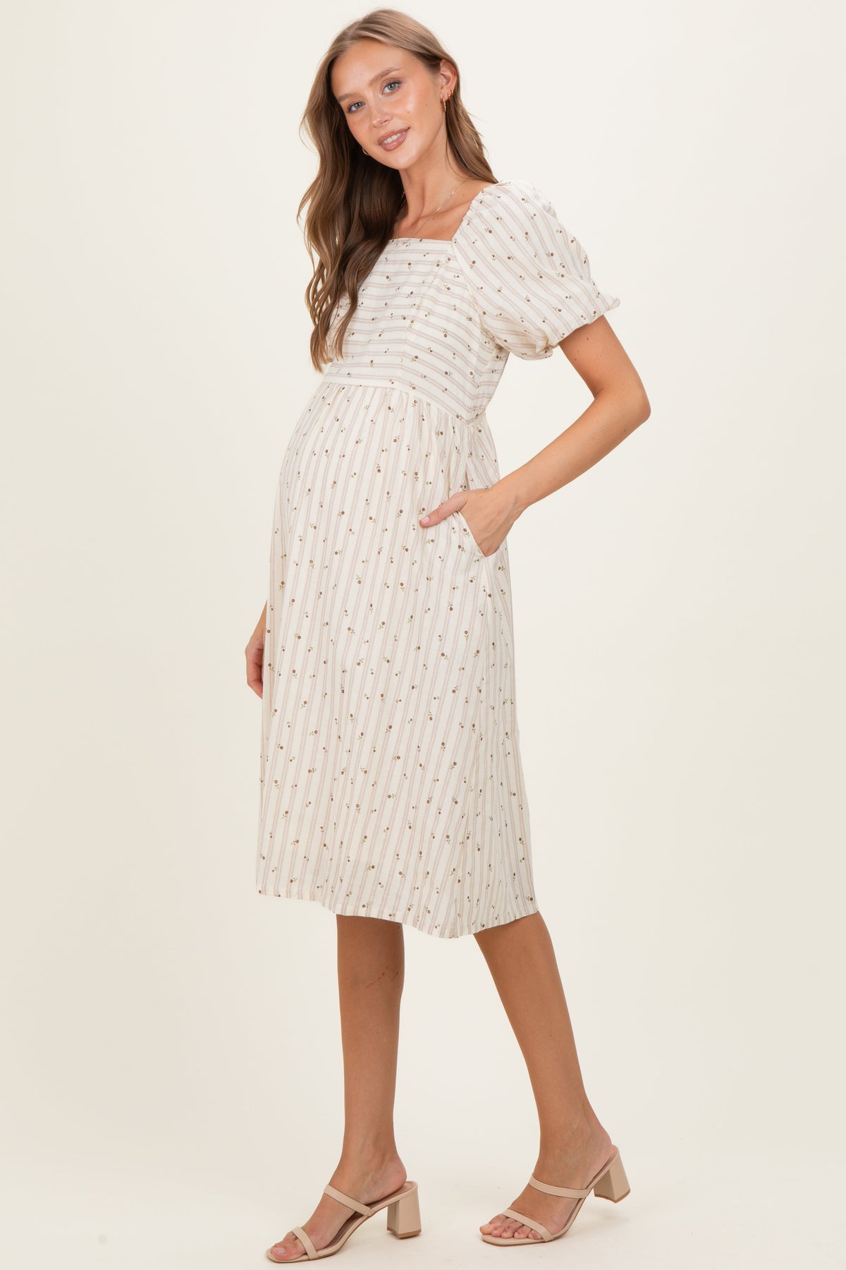 Beige Square Neck Striped Maternity Dress