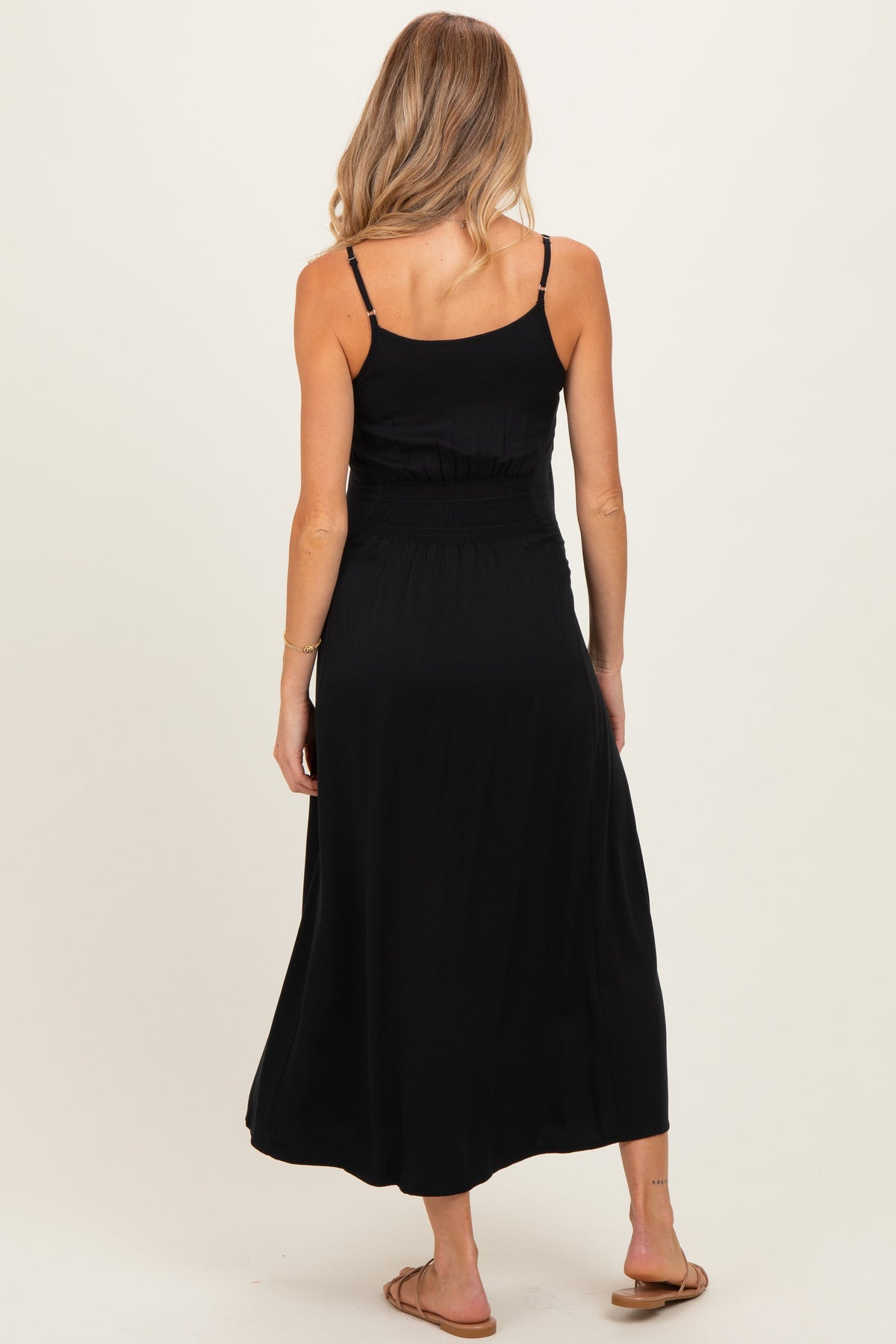 Black Button Accent Maternity Midi Dress