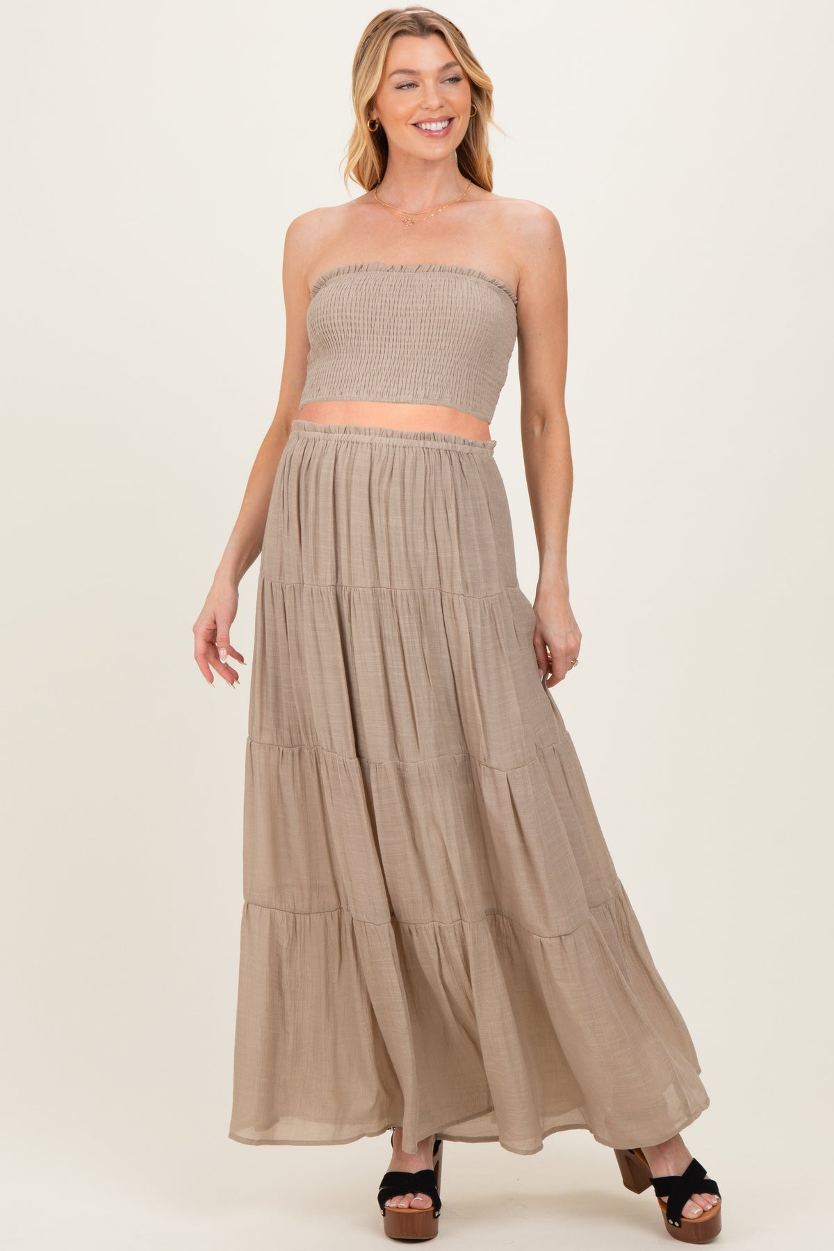 Beige Smocked Tube Top Tiered Skirt Maternity Set