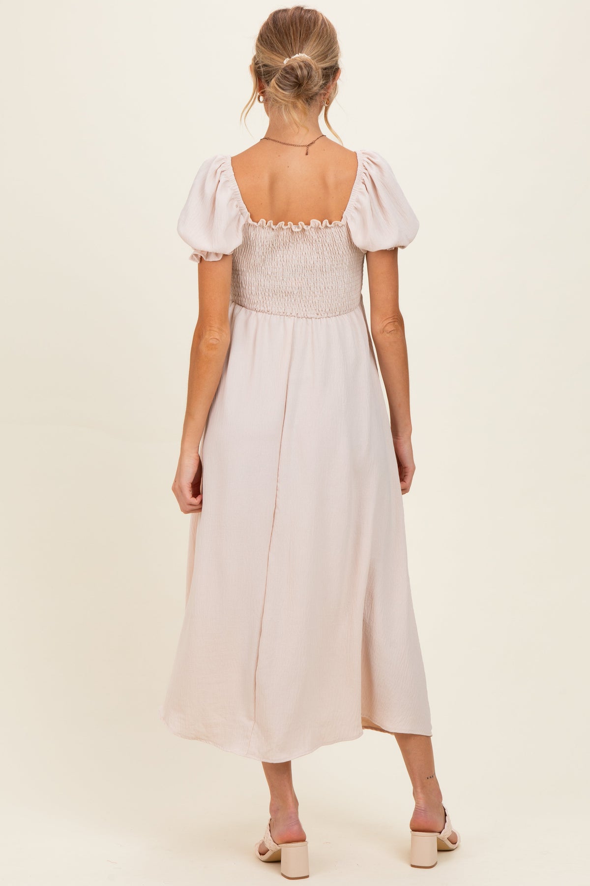 Beige Square Neck Puff Sleeve Maternity Midi Dress