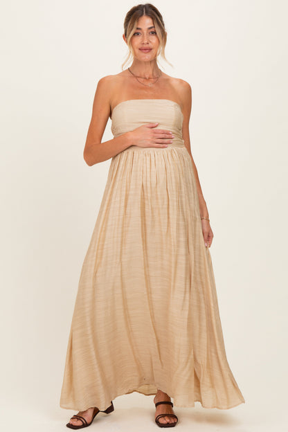 Beige Strapless Tie Back Maternity Maxi Dress