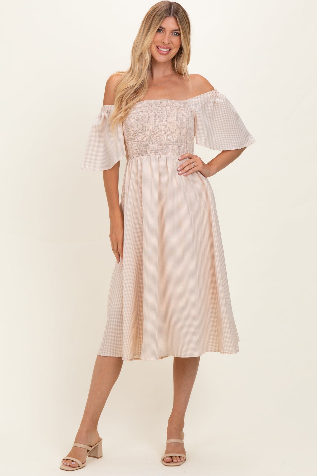 Biege Gingham Smocked Maternity Midi Dress
