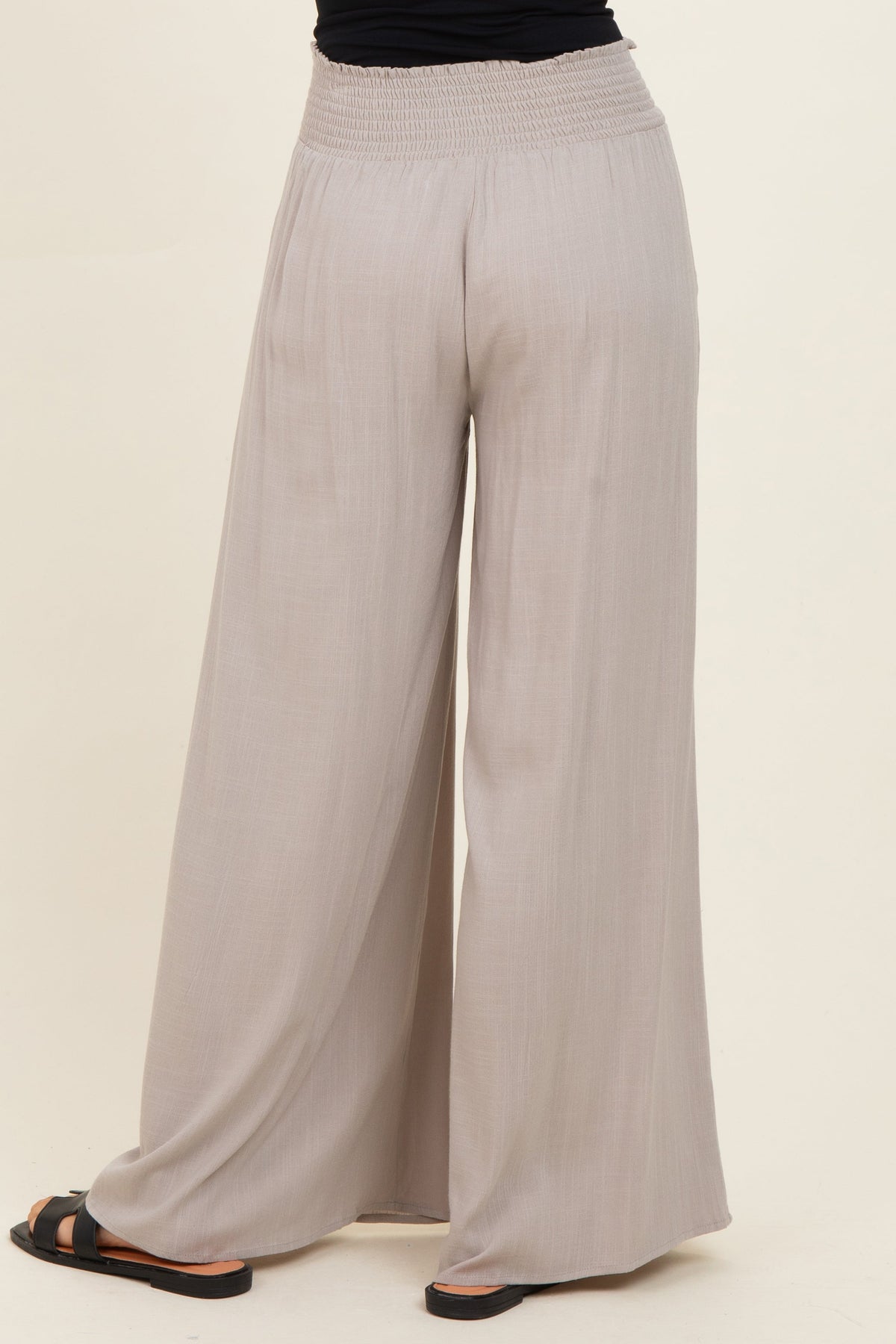 Beige Smocked Waistband Wide Leg Lounge Pants