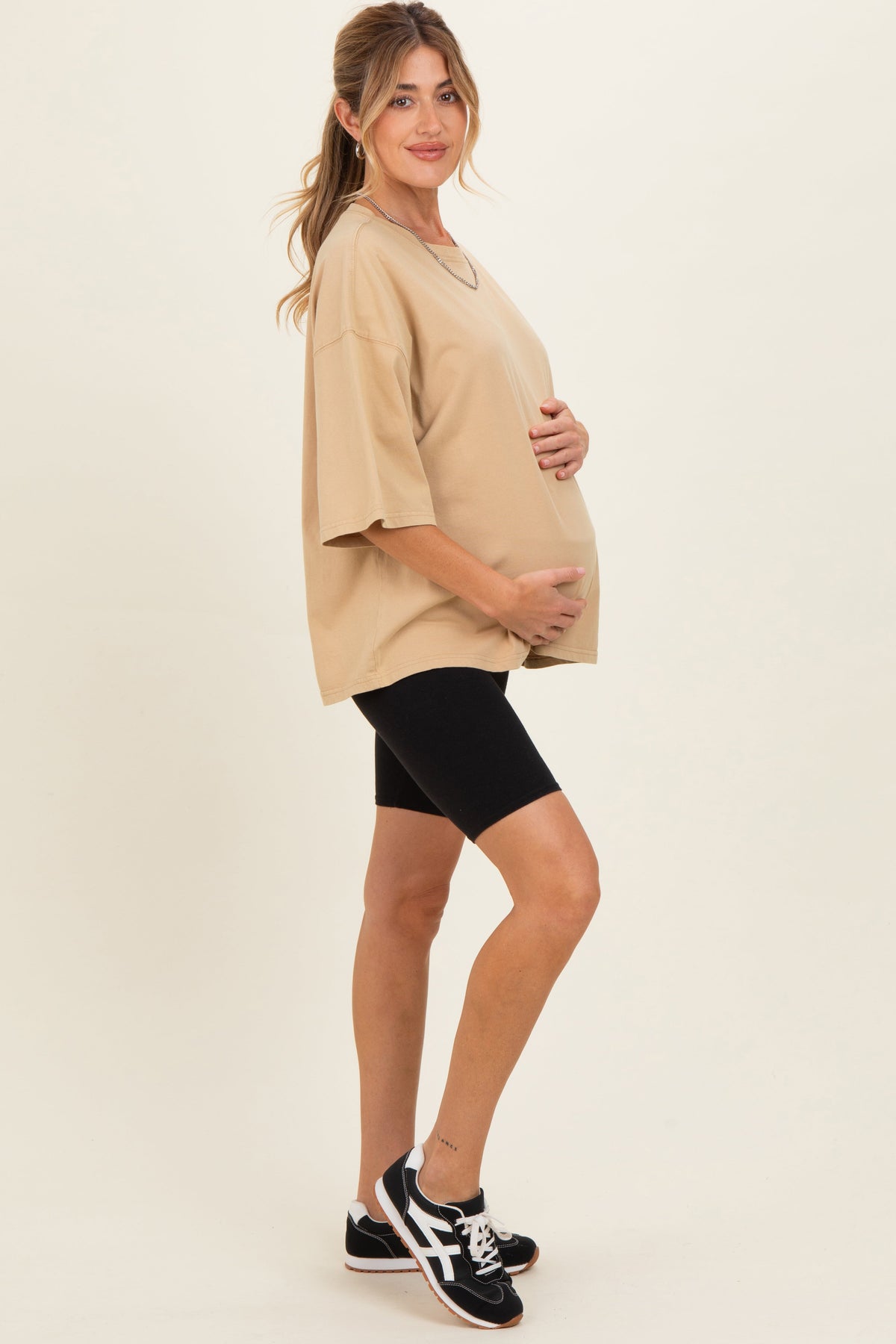 Beige Washed Oversized Crew Neck Maternity Top