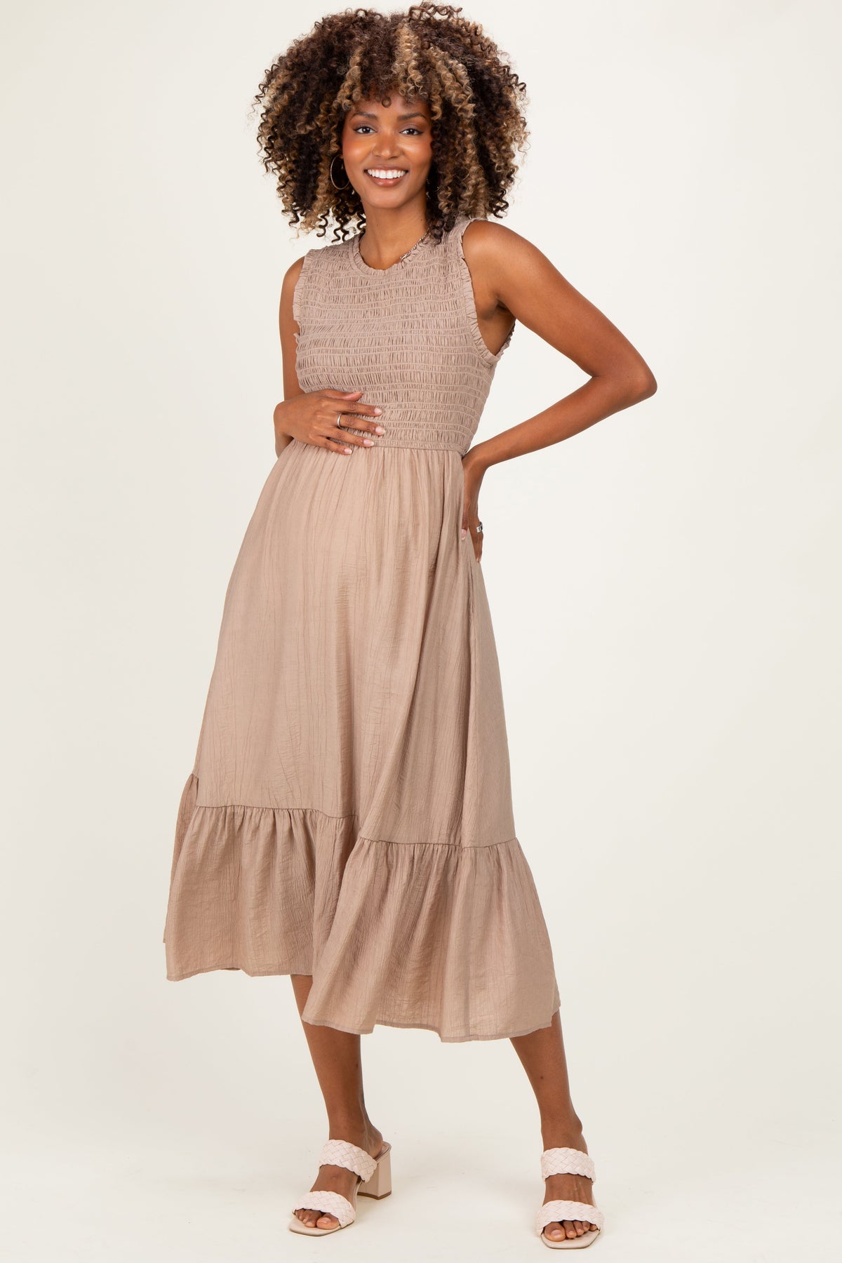 Beige Smocked And Tiered Maternity Maxi Dress