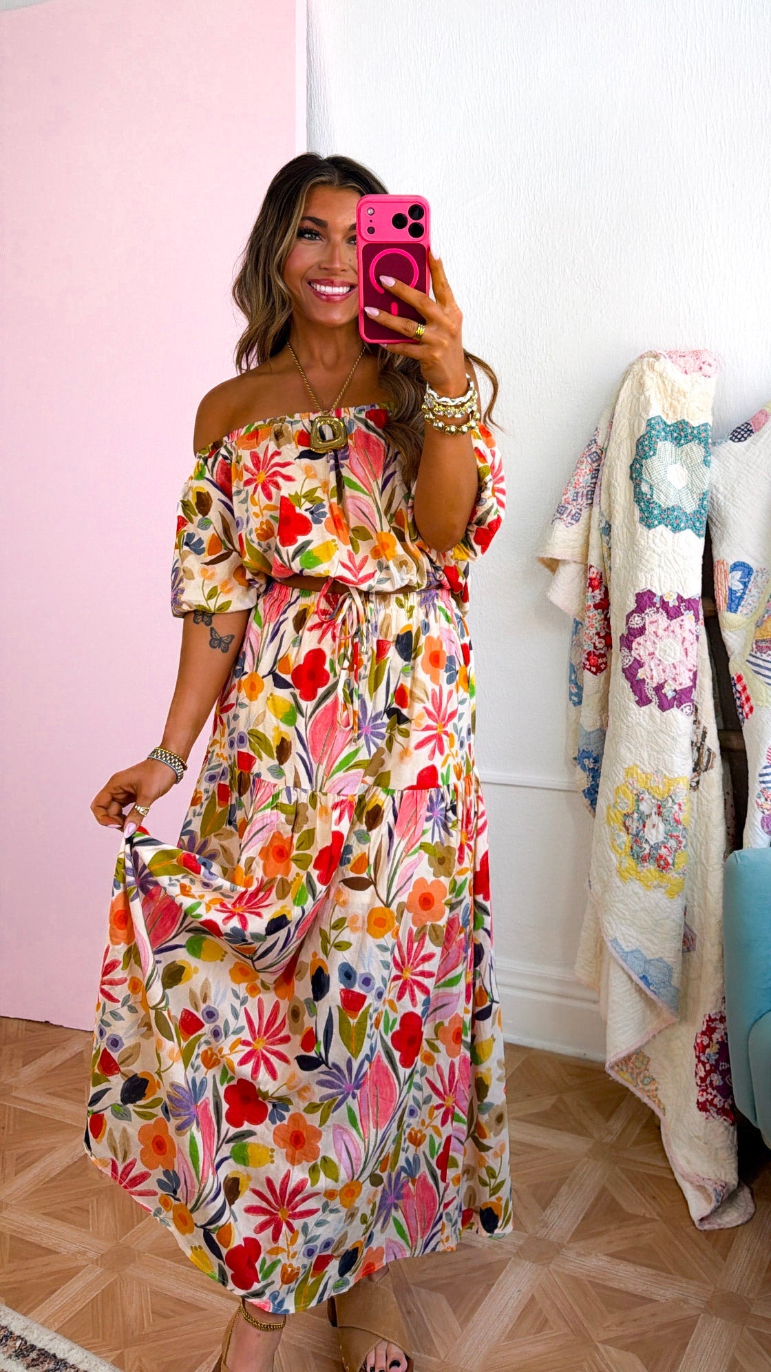 Floral Bouquet Two Piece Set, Tan/Multi