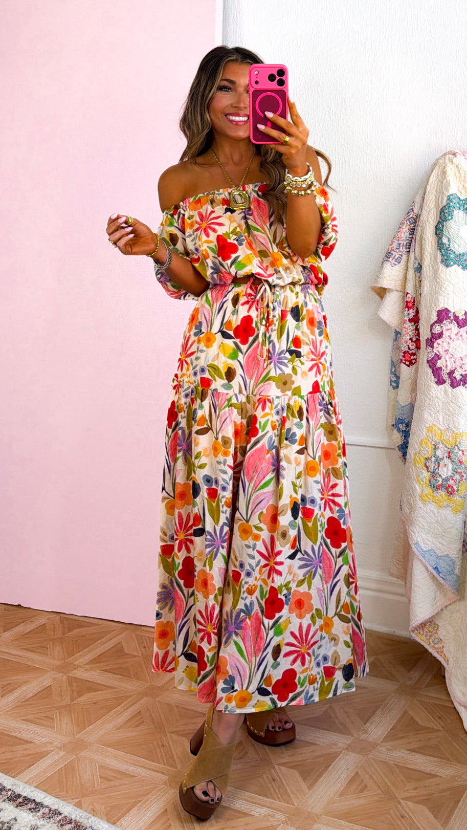 Floral Bouquet Two Piece Set, Tan/Multi
