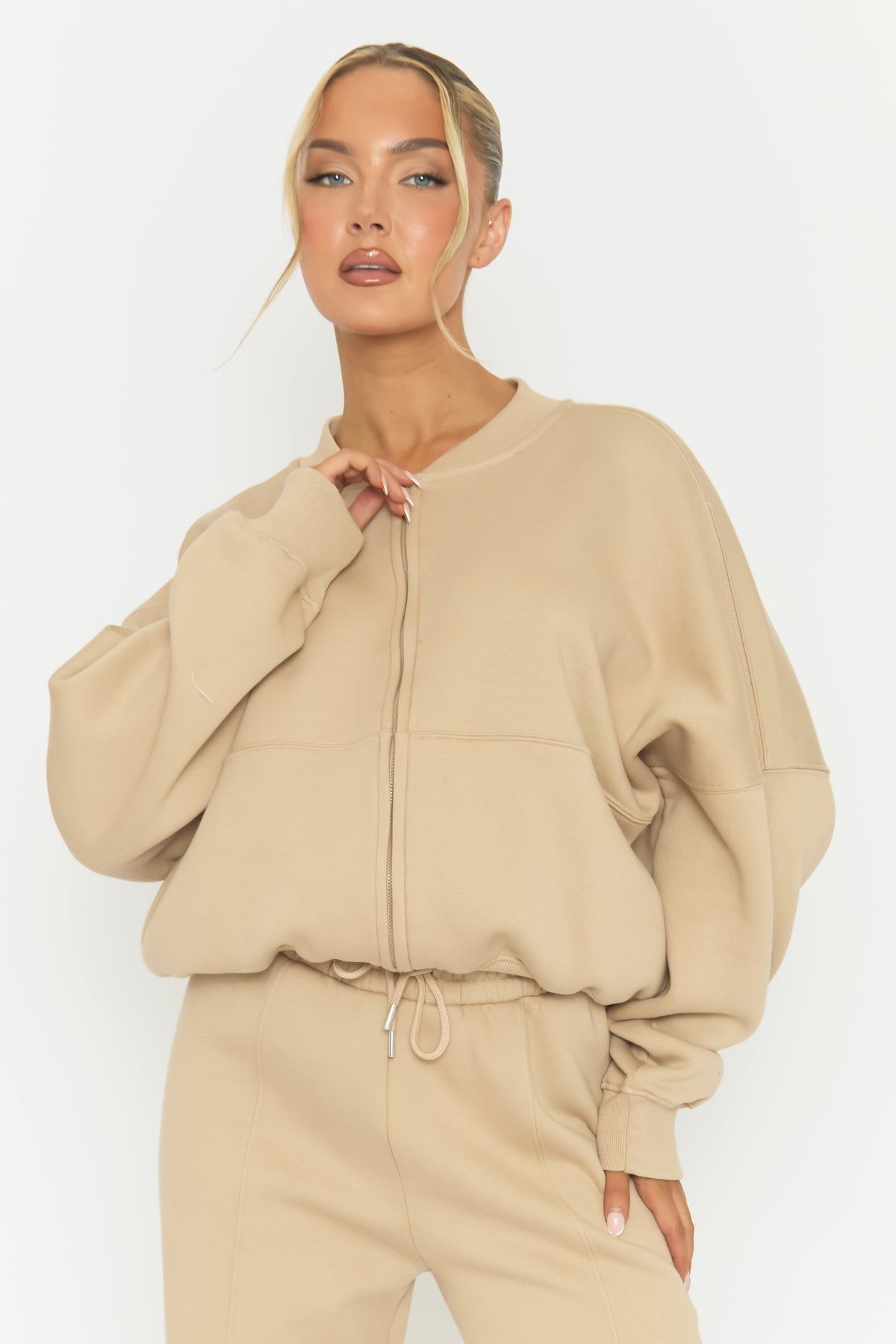 Beige Zip Front Bomber And Joggers Loungewear Co-ord Set - Sasha