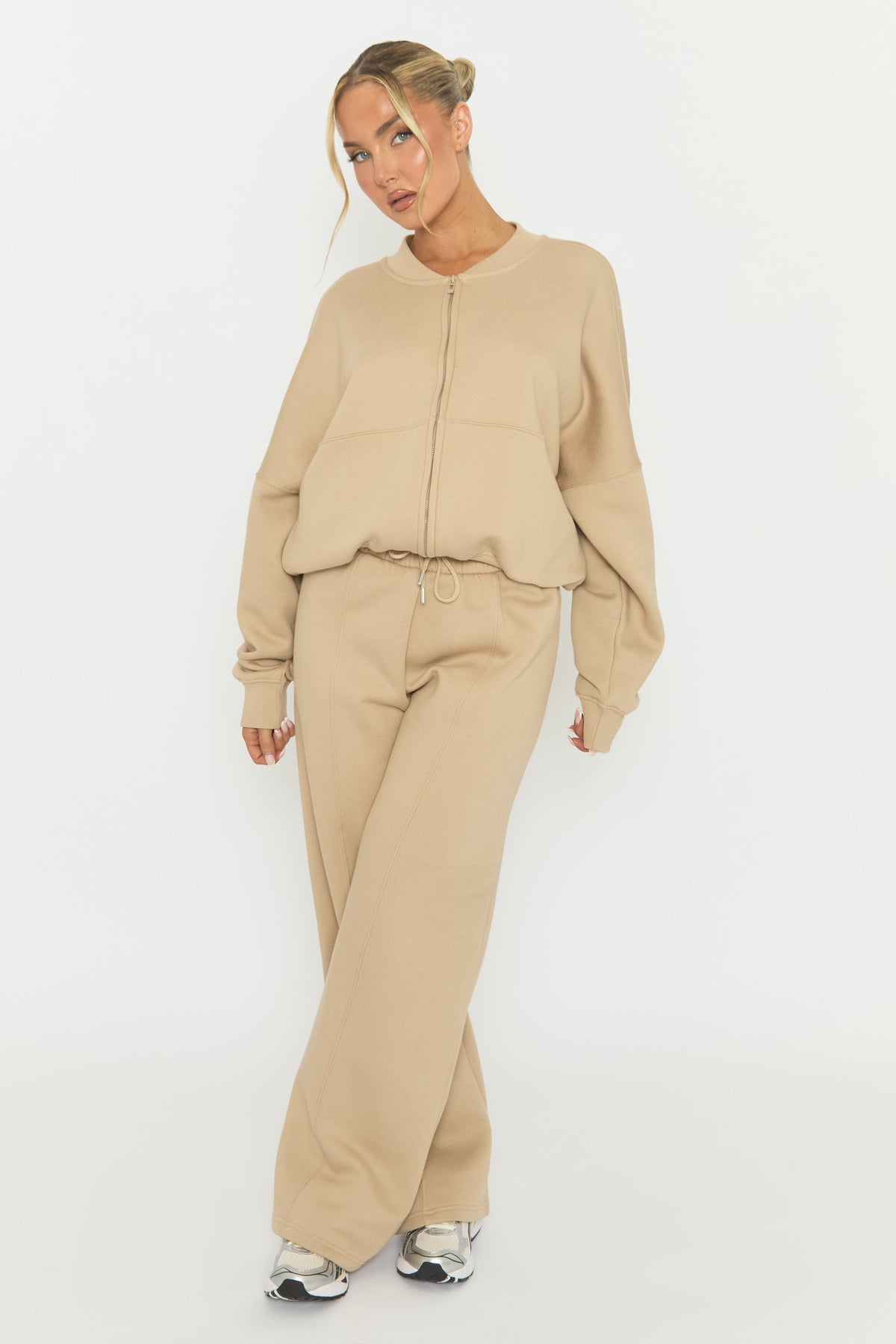 Beige Zip Front Bomber And Joggers Loungewear Co-ord Set - Sasha