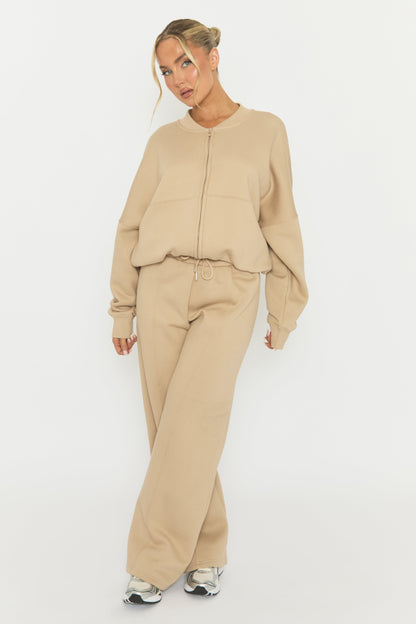 Beige Zip Front Bomber And Joggers Loungewear Co-ord Set - Sasha