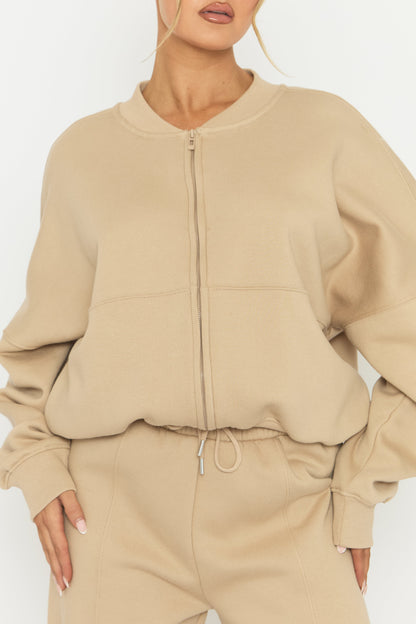 Beige Zip Front Bomber And Joggers Loungewear Co-ord Set - Sasha