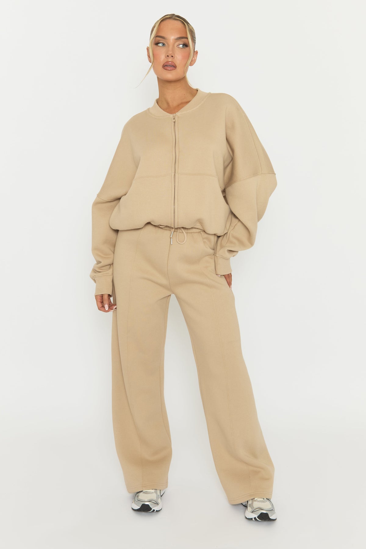 Beige Zip Front Bomber And Joggers Loungewear Co-ord Set - Sasha