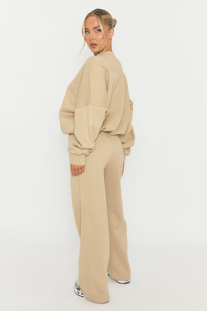 Beige Zip Front Bomber And Joggers Loungewear Co-ord Set - Sasha