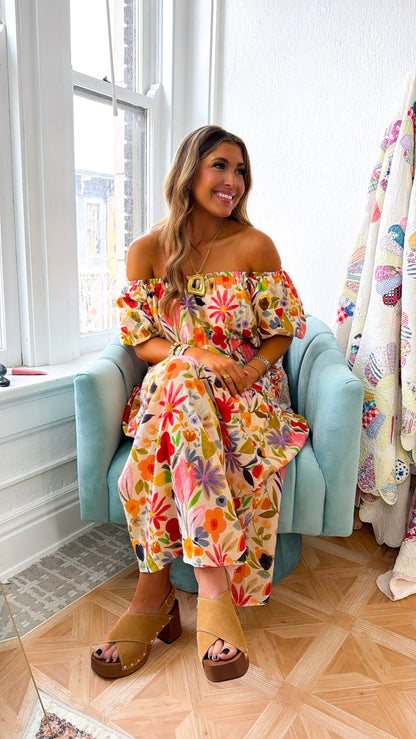 Floral Bouquet Two Piece Set, Tan/Multi