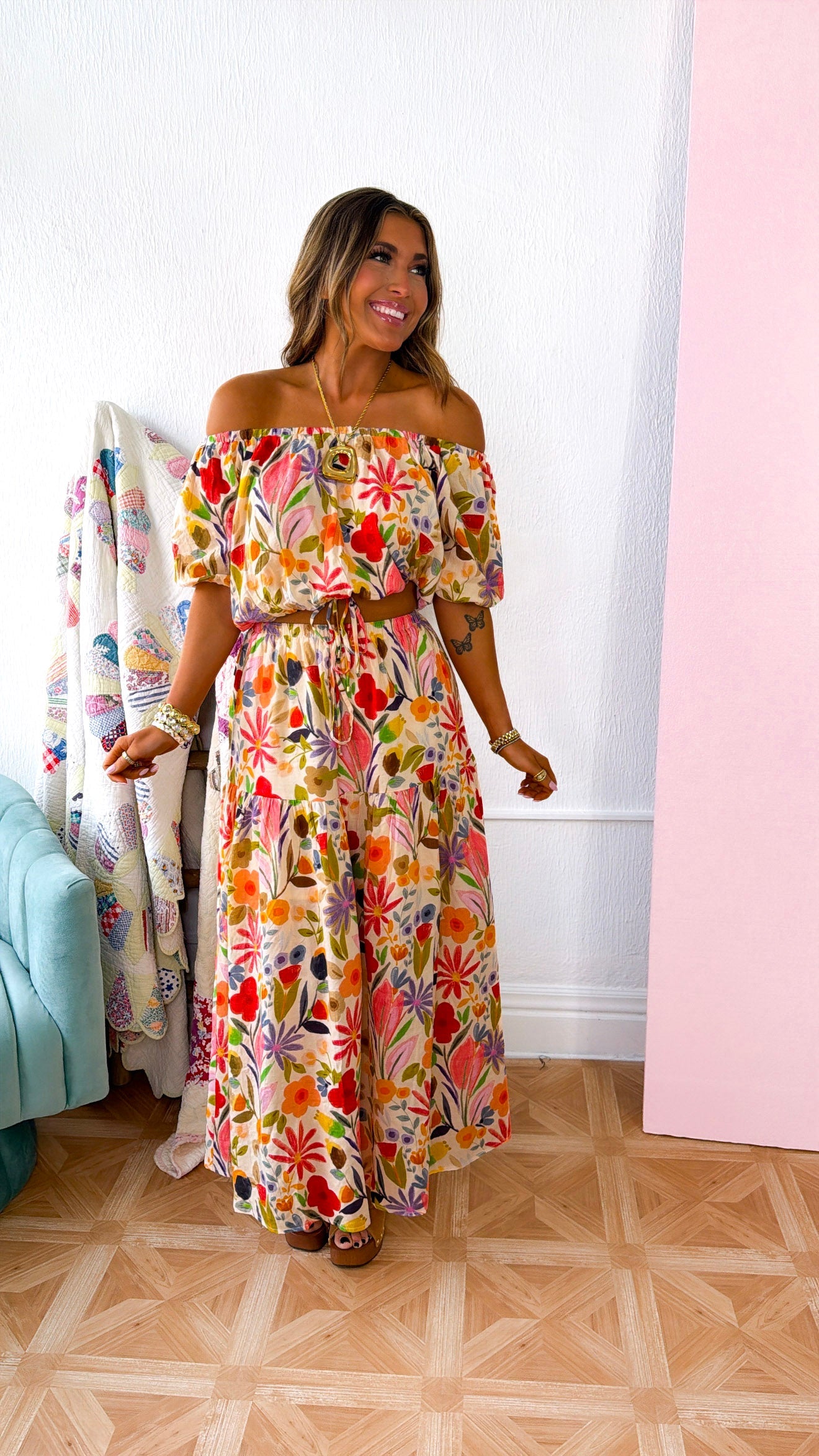 Floral Bouquet Two Piece Set, Tan/Multi