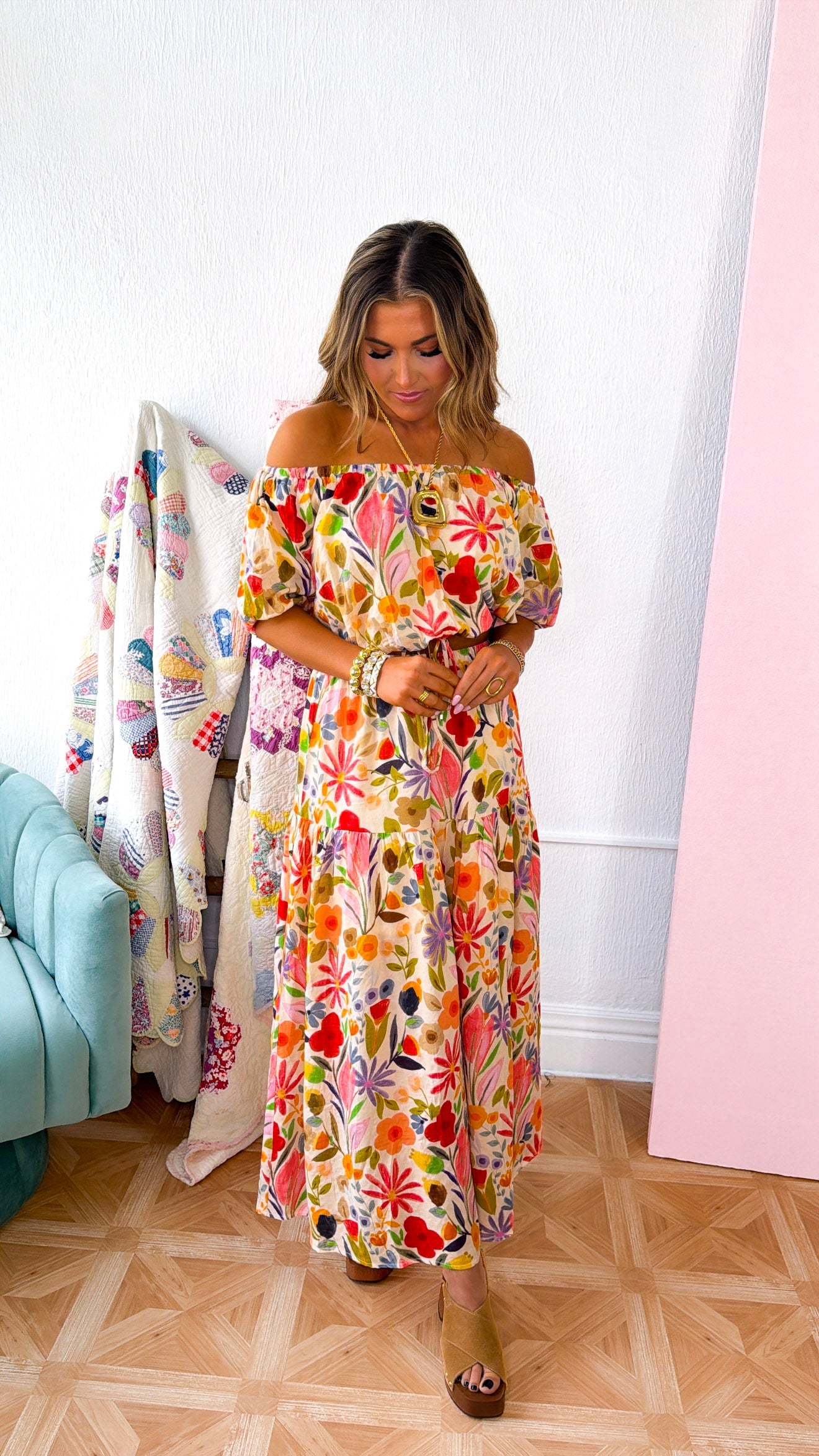 Floral Bouquet Two Piece Set, Tan/Multi