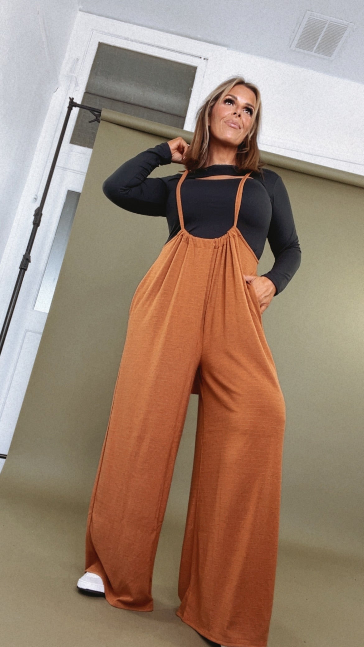 Head Over Heels Suspender Jumpsuit, Camel