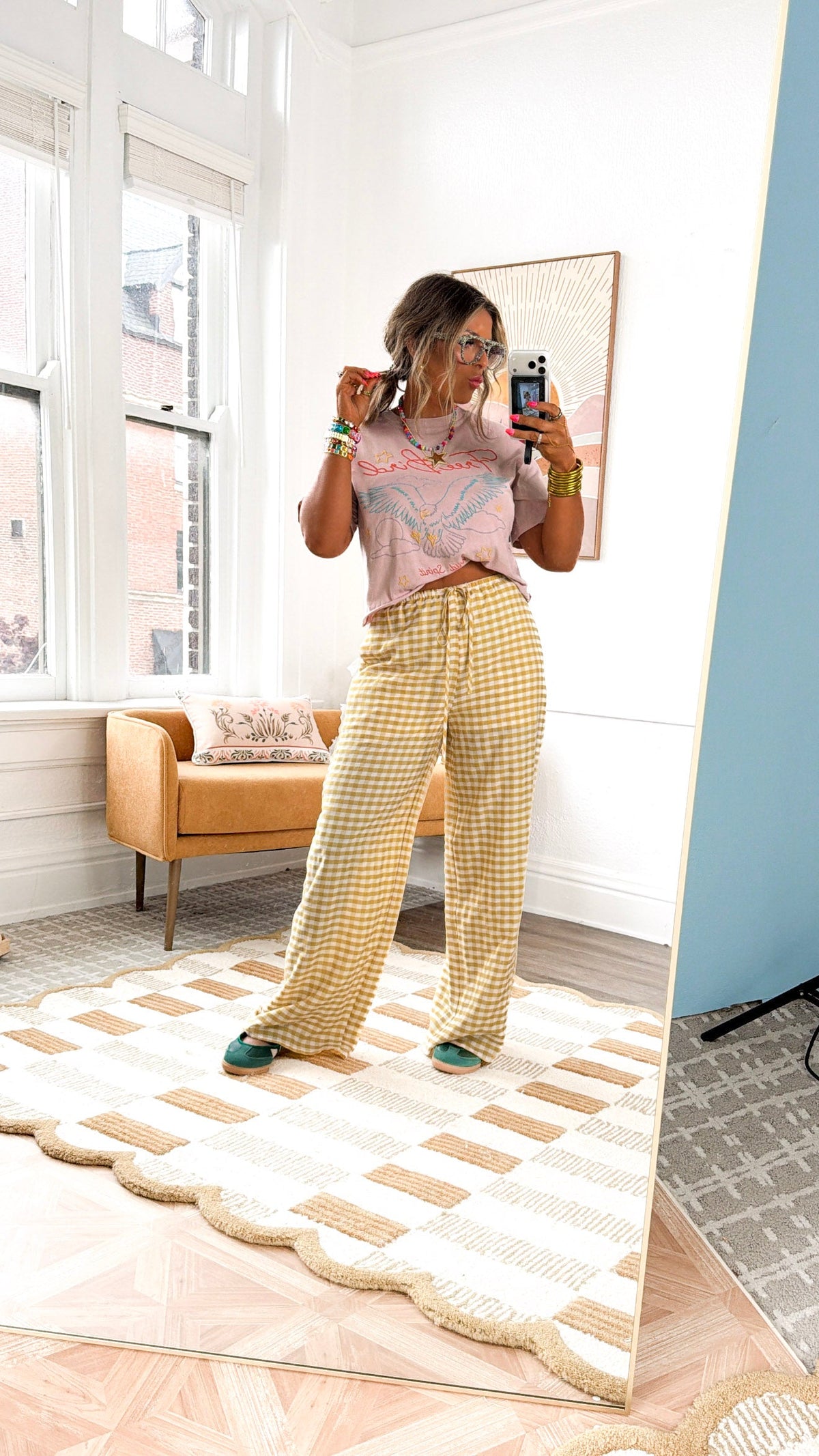 Gingham Print Drawstring Pants, Yellow Multi
