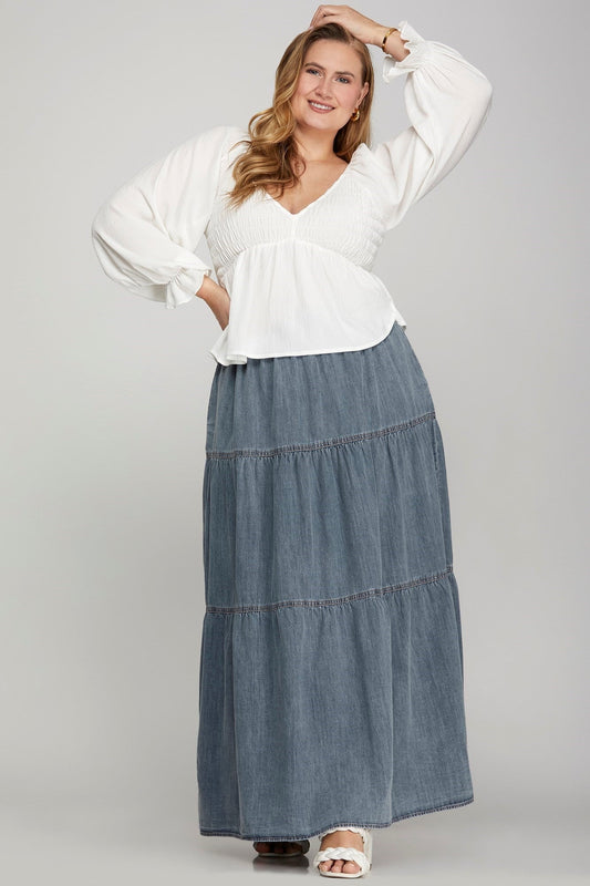 Curvy Denim Tiered Long Skirt
