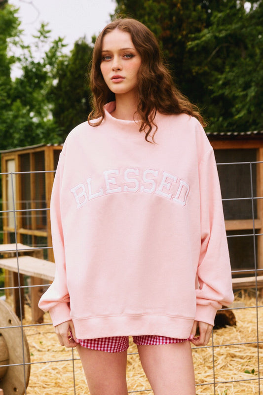 Embroidered Mock Neck Sweatshirt 'Blessed'