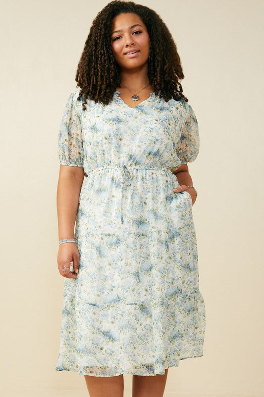 Curvy Ditsy Floral Ruffle Collared Dress