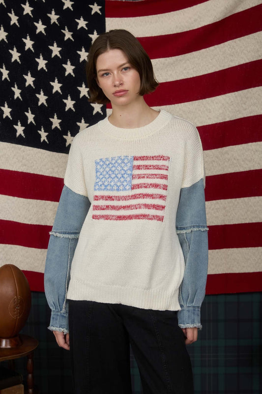 American Flag Denim Sleeve Sweater