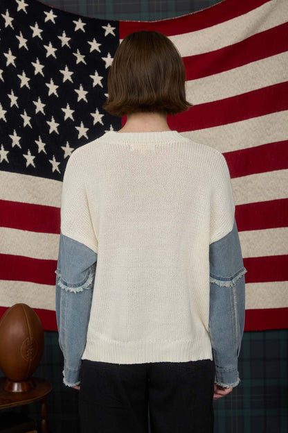 American Flag Denim Sleeve Sweater
