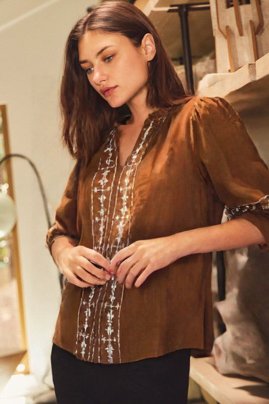 Curvy Walnut Crinkled Embroidered Blouse