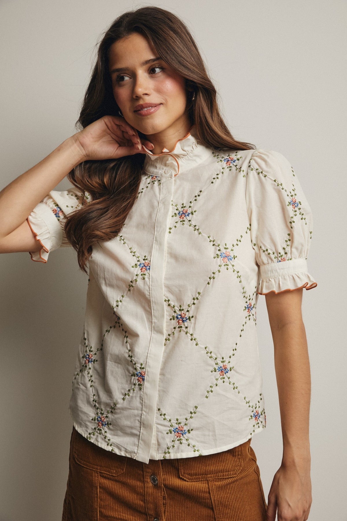 Embroidered Ruffle Collar Cotton Blouse