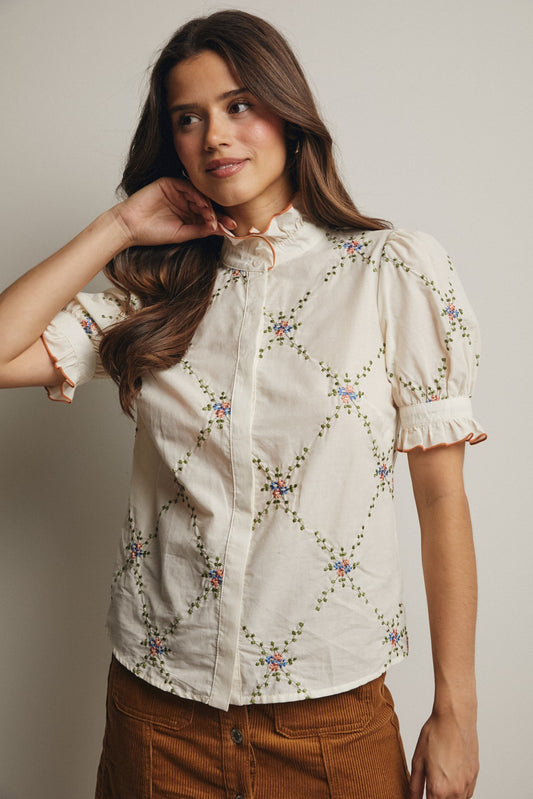 Embroidered Ruffle Collar Cotton Blouse