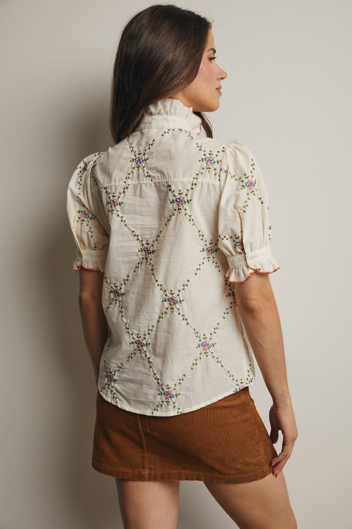 Embroidered Ruffle Collar Cotton Blouse