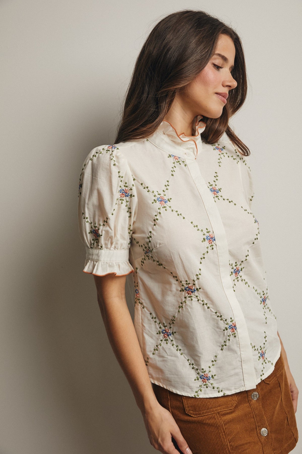 Embroidered Ruffle Collar Cotton Blouse