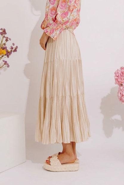 Manhattan Skyline High Waist Pleated Midi Skirt in French Vanilla