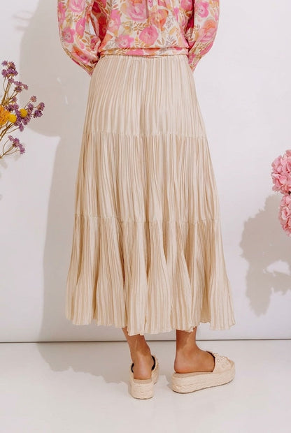 Manhattan Skyline High Waist Pleated Midi Skirt in French Vanilla