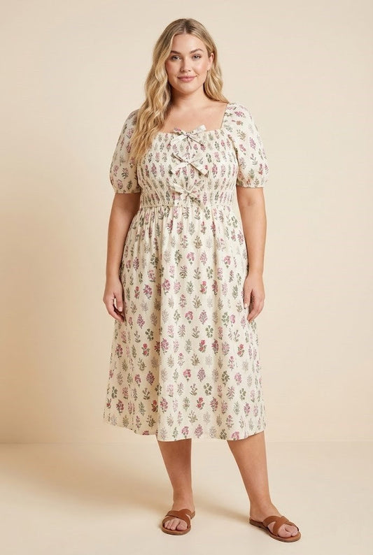 Curvy Bow Detailed Smocked Dress