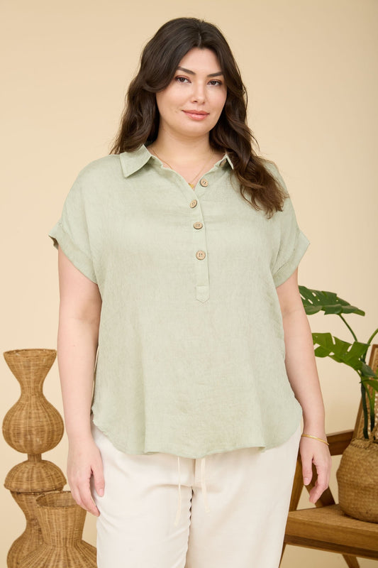 Curvy Collared Half Button SS Linen Top
