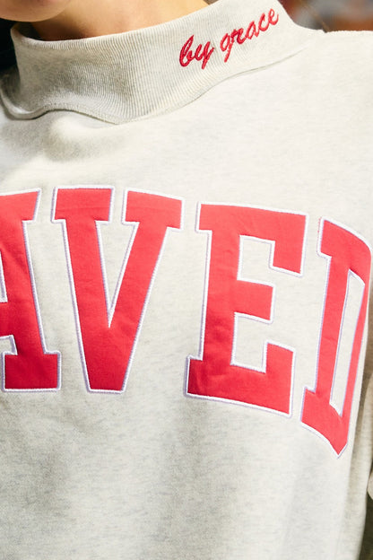 Embroidered "Saved" Mock Neck Sweatshirt