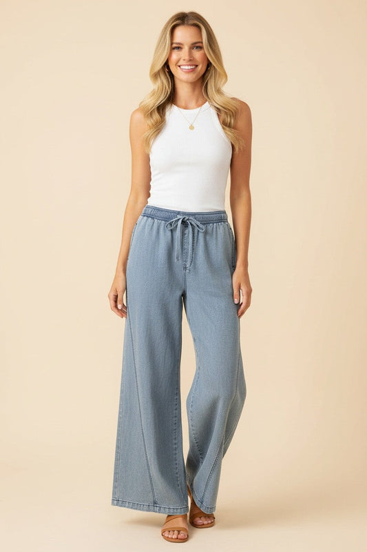 Curvy Drawstring Wide Leg Denim Pants